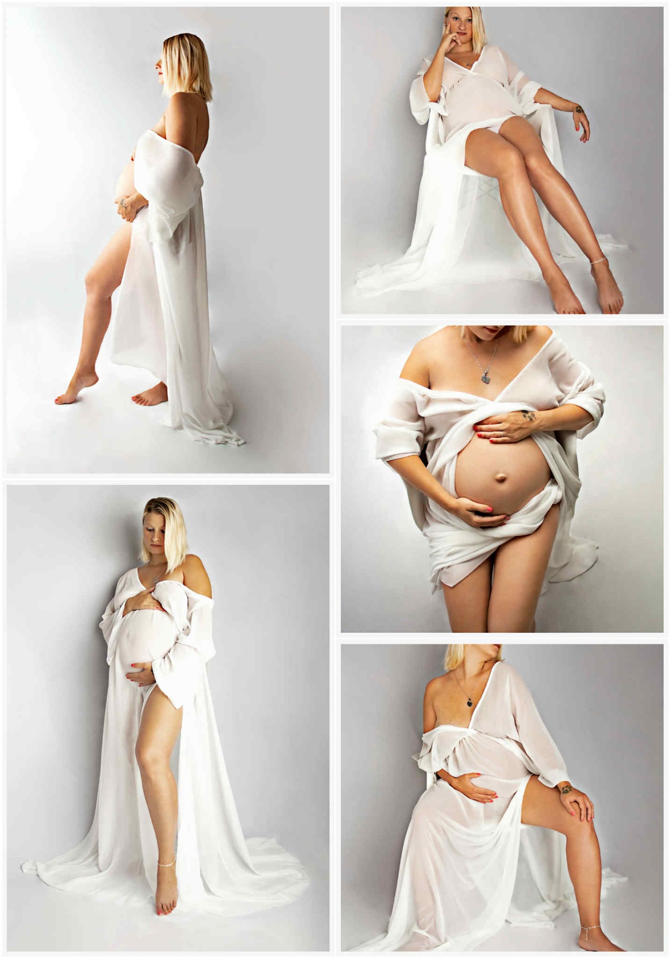 Koláž z 5 fotografií z těhotenského focení. Těhotná má na sobě bílé šaty a bílé pozadí. Domácí fotoateliér Mladá Boleslav.
