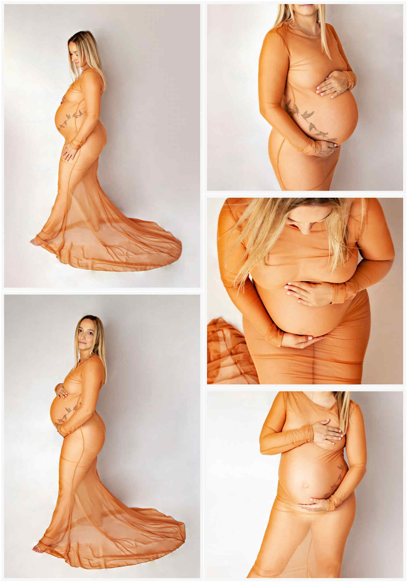 Koláž z 5 fotografií z těhotenského focení. Těhotná má na sobě tělové šaty a bílé pozadí. Domácí fotoateliér Mladá Boleslav.