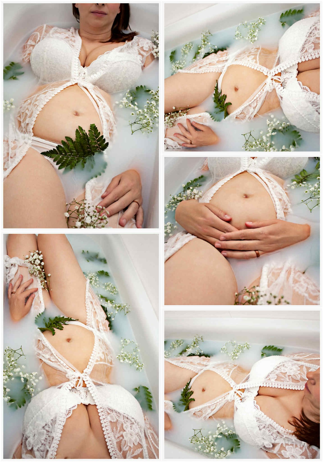 Koláž z 5 fotografií z těhotenského focení v mléčné vaně. Těhotná má na sobě bílé šaty a kolem sebe květiny. Domácí fotoateliér Mladá Boleslav.