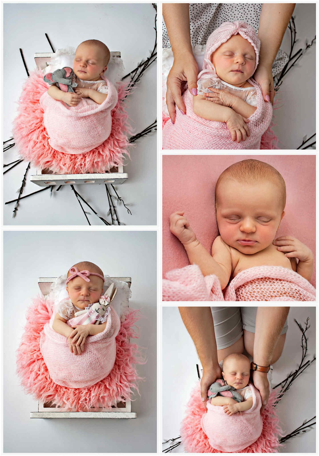 Koláž z 5 fotografií z novorozeneckého, newborn focení. Několika denní miminko má na sobě růžové oblečení a bílé pozadí. Domácí fotoateliér Mladá Boleslav.