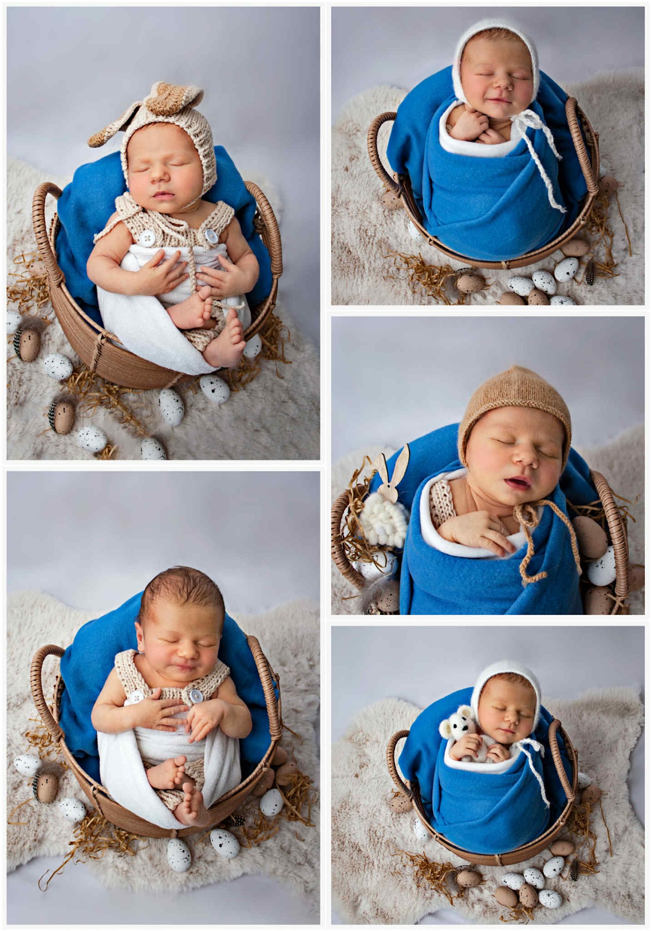Koláž z 5 fotografií z novorozeneckého, newborn focení. Několika denní miminko má na sobě modré oblečení a bílé pozadí. Domácí fotoateliér Mladá Boleslav.
