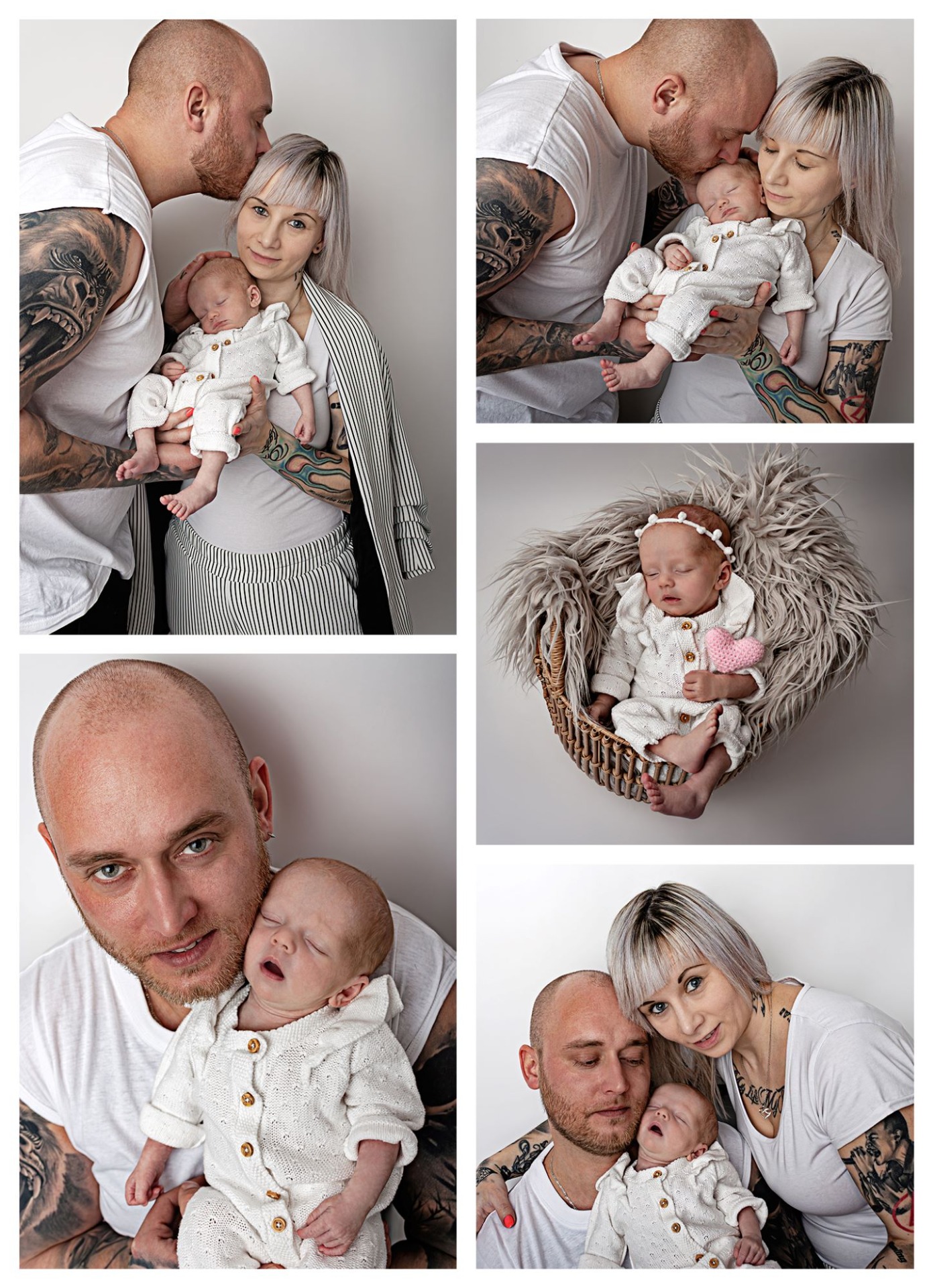 Koláž z 5 fotografií z novorozeneckého, newborn focení s rodiči. Několika denní miminko i jeho rodiěe mají na sobě bílé oblečení a bílé pozadí. Domácí fotoateliér Mladá Boleslav.