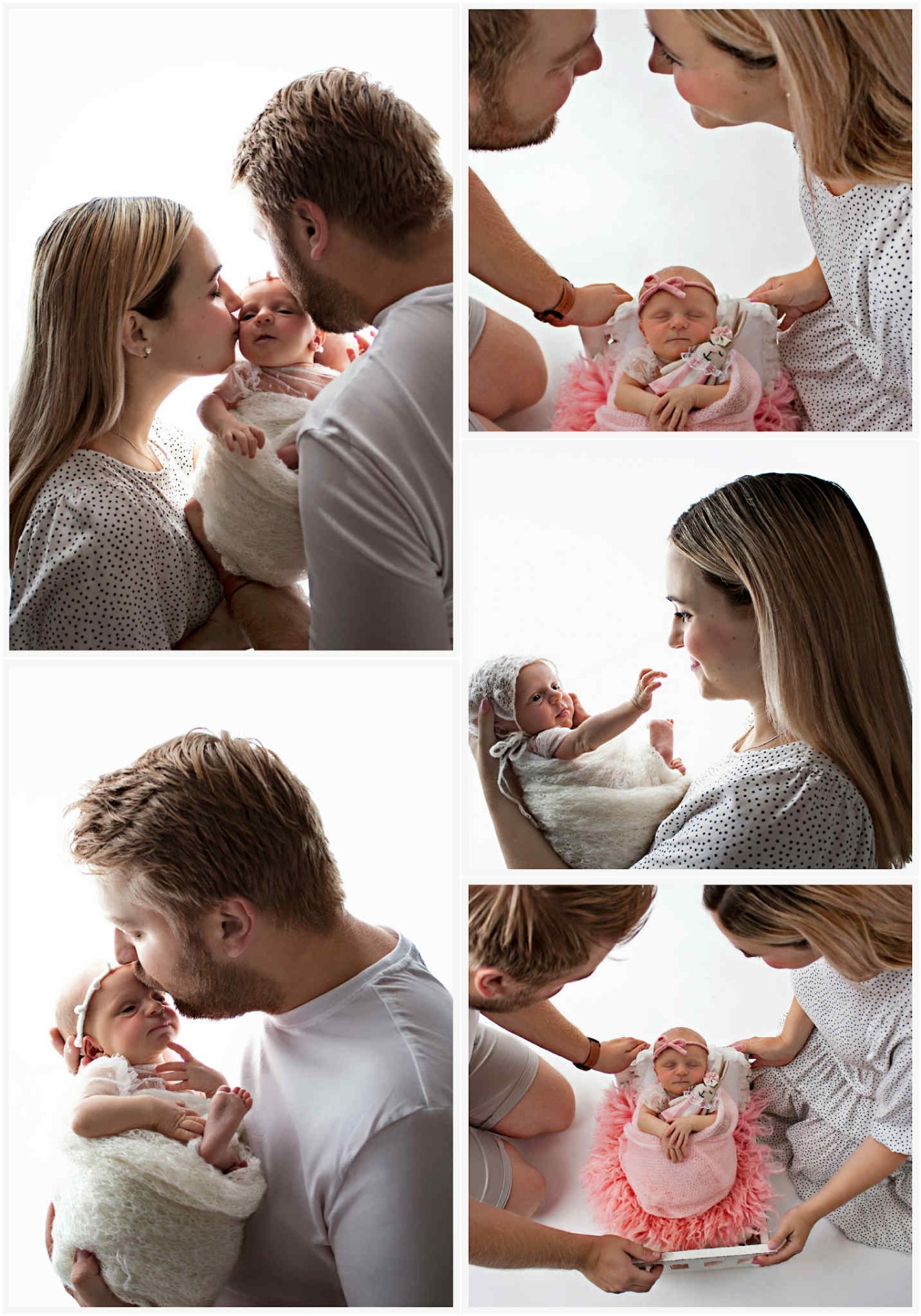 Koláž z 5 fotografií z novorozeneckého, newborn focení s rodiči. Několika denní miminko má na sobě růžové oblečení. Vše je foceno v protisvětle. Domácí fotoateliér Mladá Boleslav.