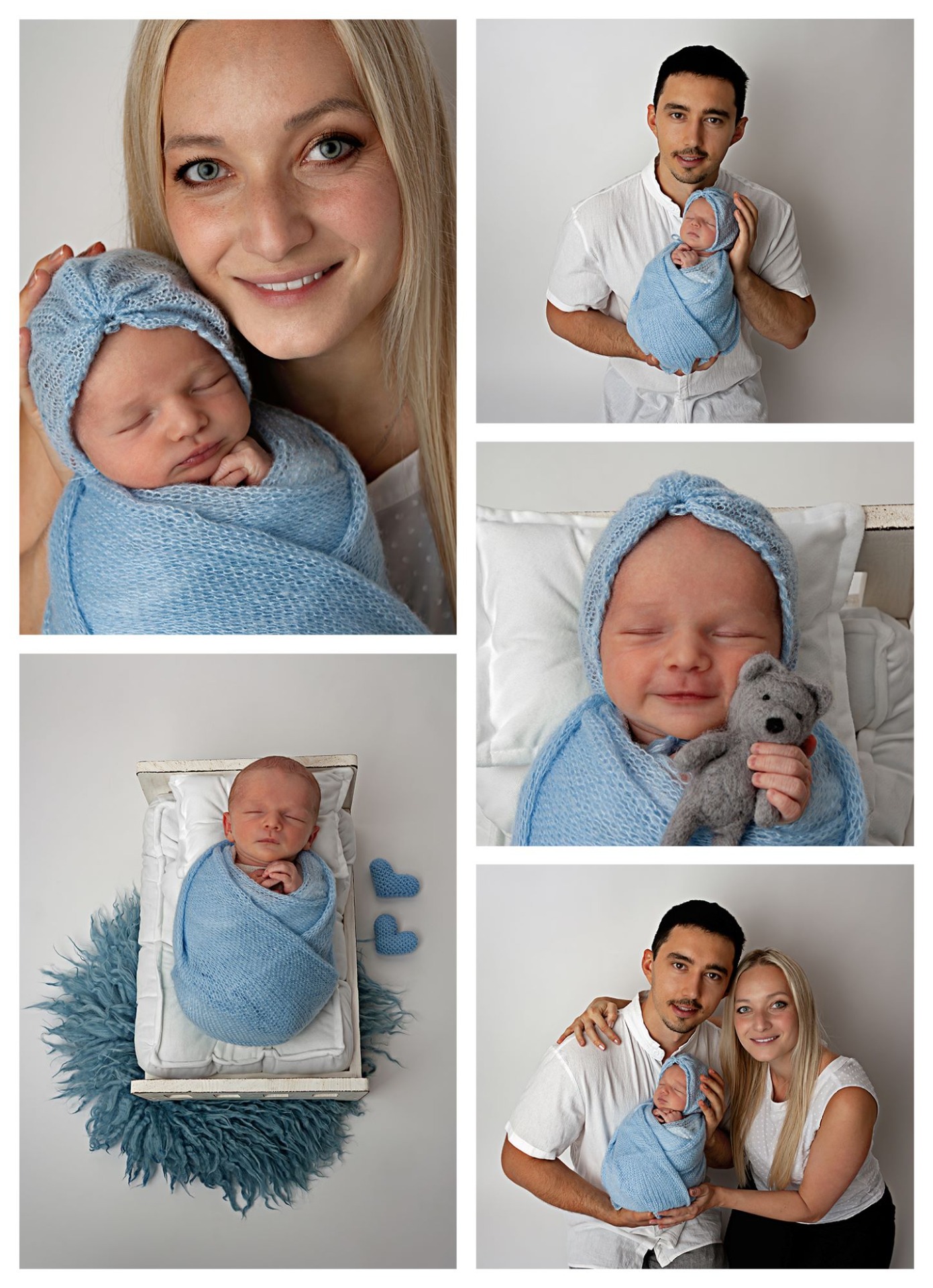 Koláž z 5 fotografií z novorozeneckého, newborn focení s rodiči. Několika denní miminko má na sobě modré oblečení. Rodiče jsou sladěni do bílé barvy a za nimi je bílé pozadí. Domácí fotoateliér Mladá Boleslav.
