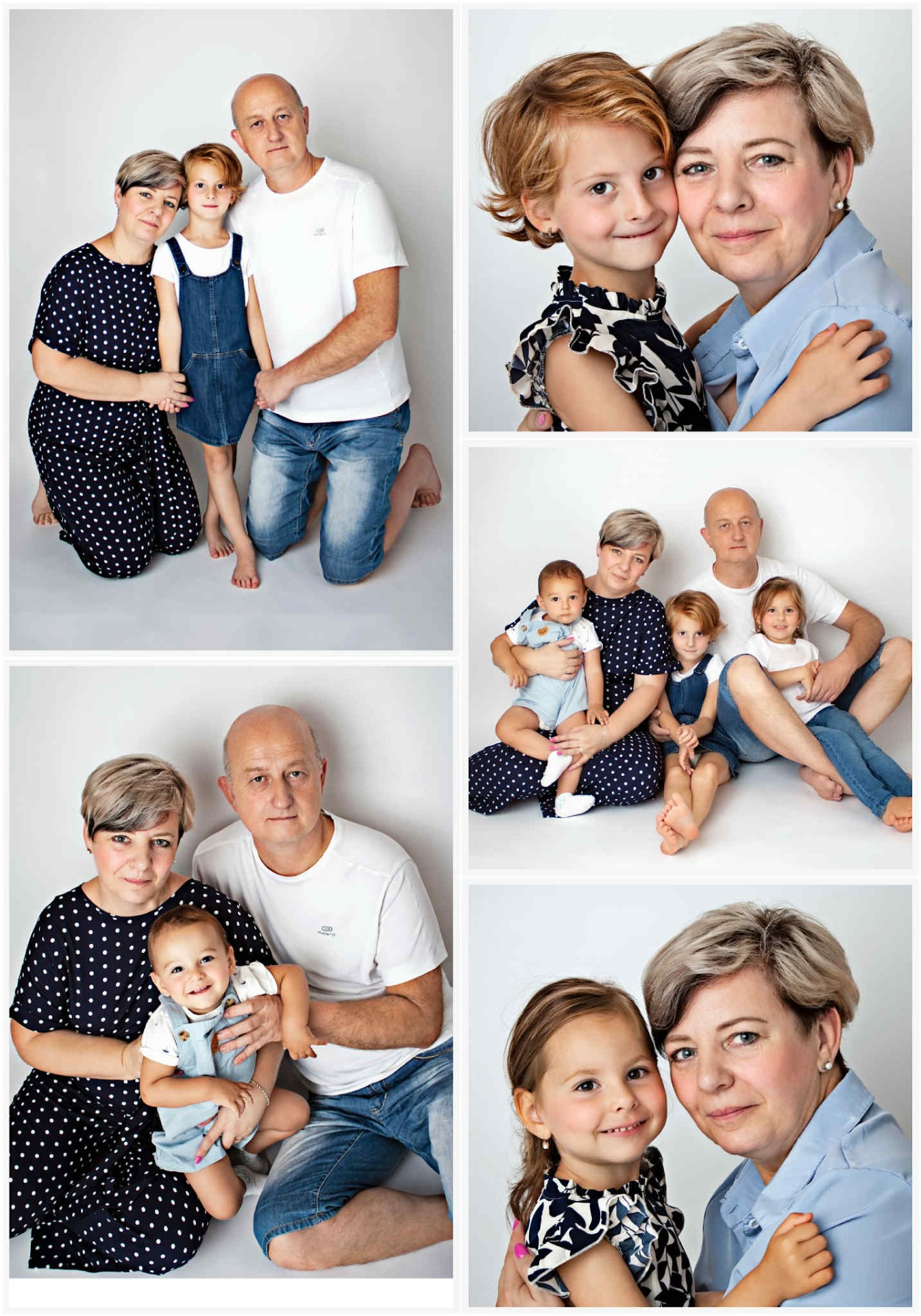 Koláž z 5 fotografií z rodinného focení. Děti, babička a děda. Všichni mají na fotografii sladěné oblečení a za nimi je bílé pozadí. Domácí fotoateliér Mladá Boleslav.